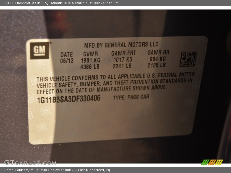 Atlantis Blue Metallic / Jet Black/Titanium 2013 Chevrolet Malibu LS