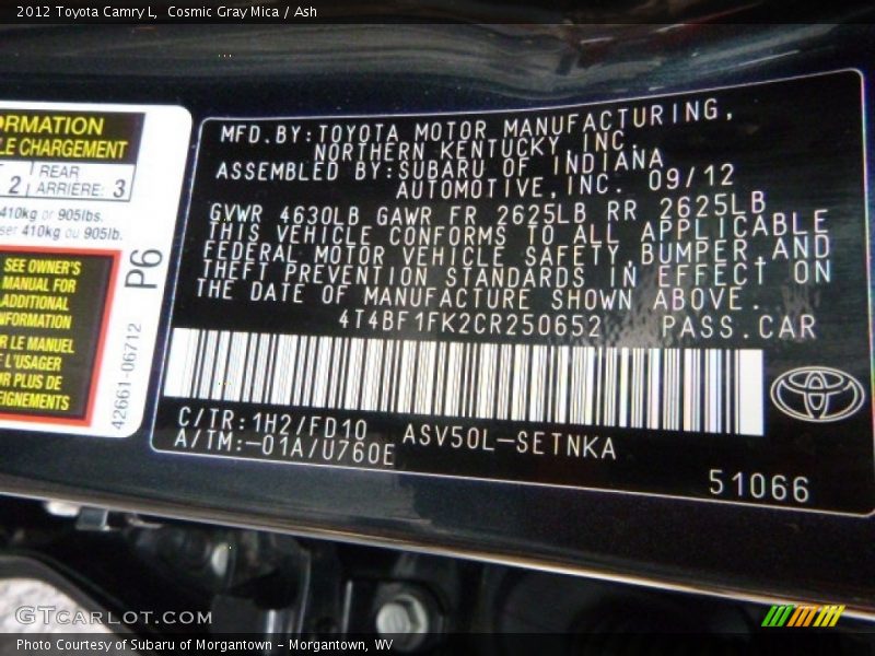 Cosmic Gray Mica / Ash 2012 Toyota Camry L