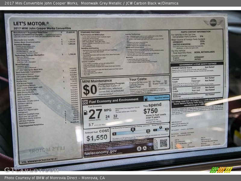  2017 Convertible John Cooper Works Window Sticker