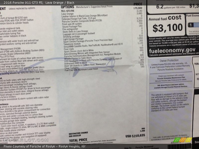  2016 911 GT3 RS Window Sticker