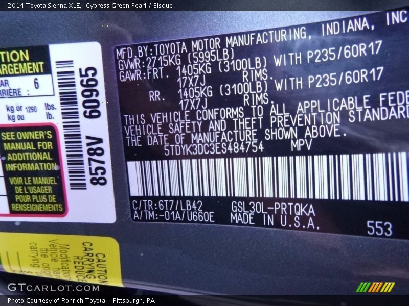 Cypress Green Pearl / Bisque 2014 Toyota Sienna XLE