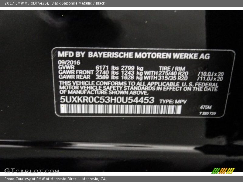 Black Sapphire Metallic / Black 2017 BMW X5 xDrive35i
