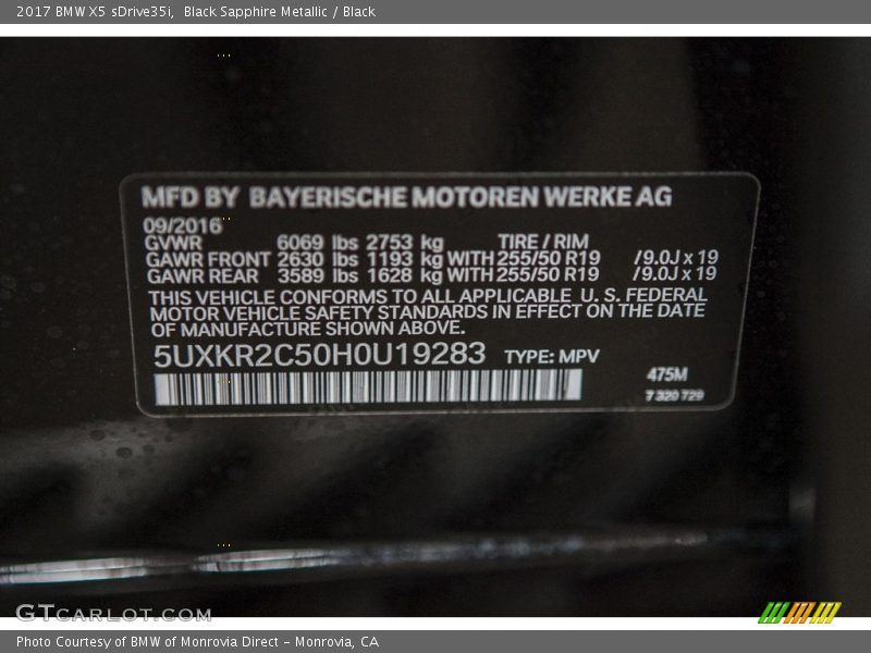 Black Sapphire Metallic / Black 2017 BMW X5 sDrive35i