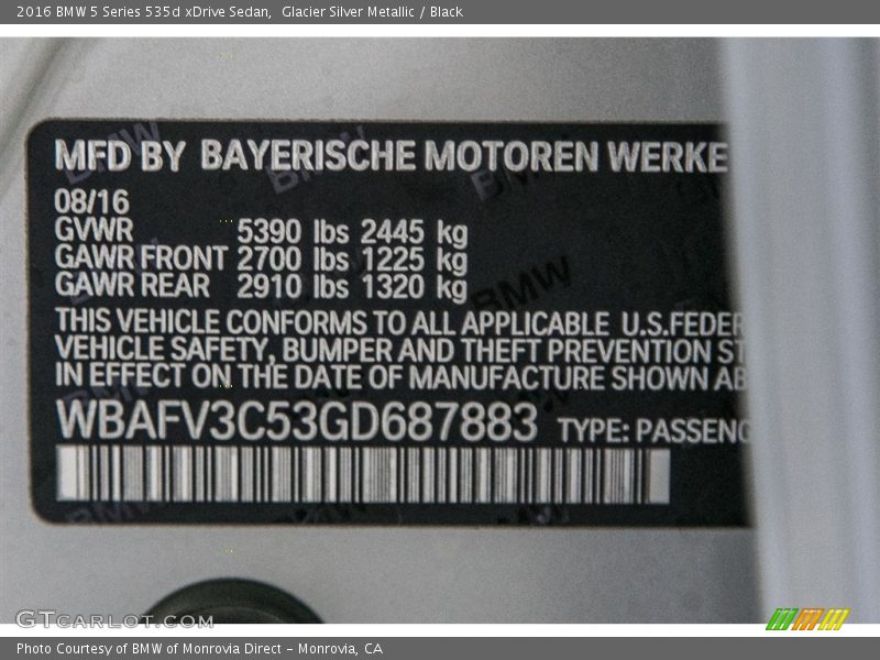 Glacier Silver Metallic / Black 2016 BMW 5 Series 535d xDrive Sedan