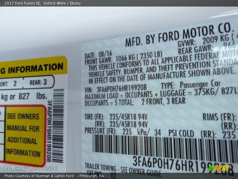 Oxford White / Ebony 2017 Ford Fusion SE