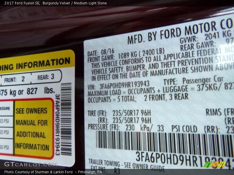Burgundy Velvet / Medium Light Stone 2017 Ford Fusion SE
