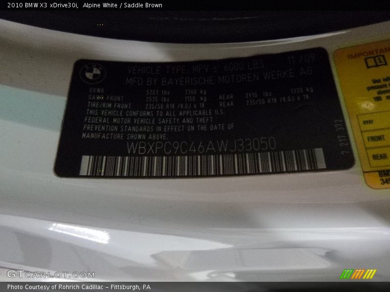 Alpine White / Saddle Brown 2010 BMW X3 xDrive30i