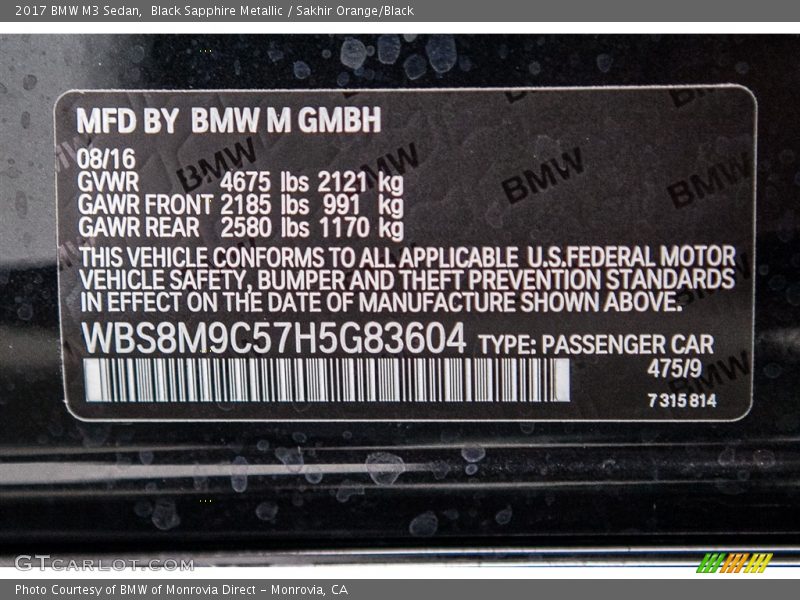 Black Sapphire Metallic / Sakhir Orange/Black 2017 BMW M3 Sedan