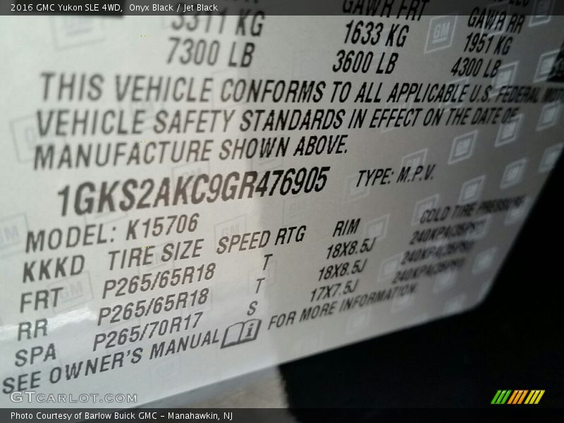 Onyx Black / Jet Black 2016 GMC Yukon SLE 4WD