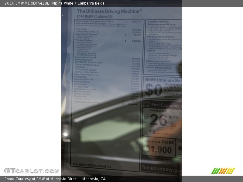  2016 X1 xDrive28i Window Sticker