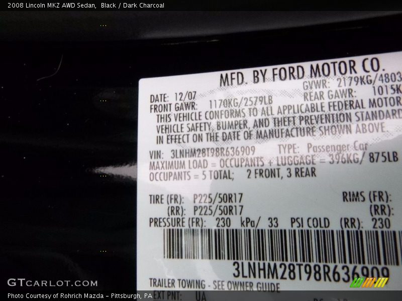 Black / Dark Charcoal 2008 Lincoln MKZ AWD Sedan