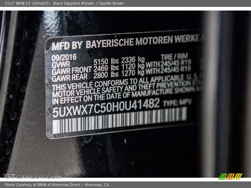 Black Sapphire Metallic / Saddle Brown 2017 BMW X3 xDrive35i
