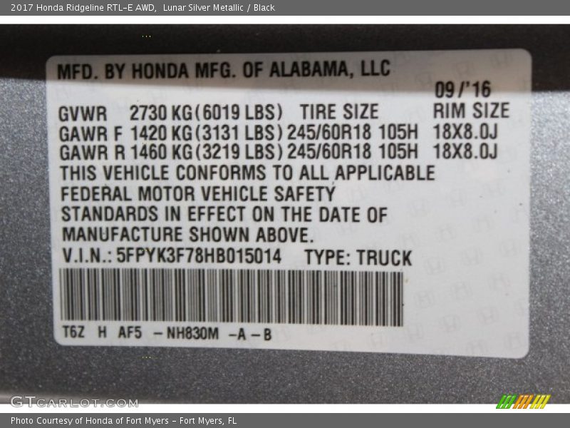 2017 Ridgeline RTL-E AWD Lunar Silver Metallic Color Code NH830M