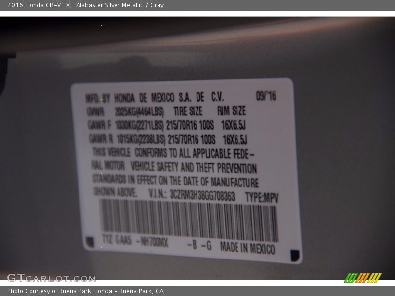 Alabaster Silver Metallic / Gray 2016 Honda CR-V LX