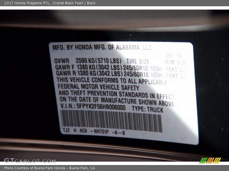 2017 Ridgeline RTL Crystal Black Pearl Color Code NH731P