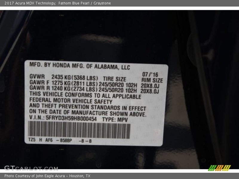 Fathom Blue Pearl / Graystone 2017 Acura MDX Technology