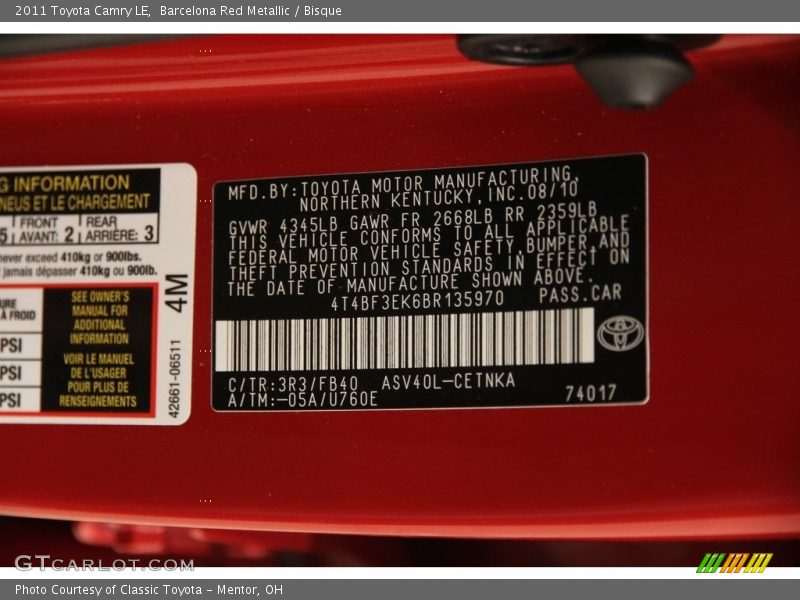 Barcelona Red Metallic / Bisque 2011 Toyota Camry LE