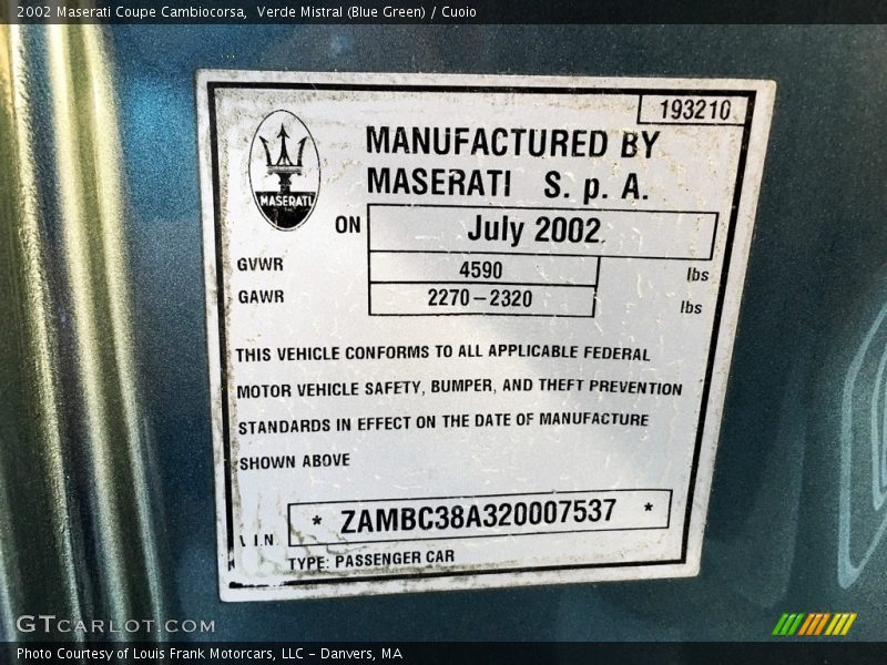 Verde Mistral (Blue Green) / Cuoio 2002 Maserati Coupe Cambiocorsa