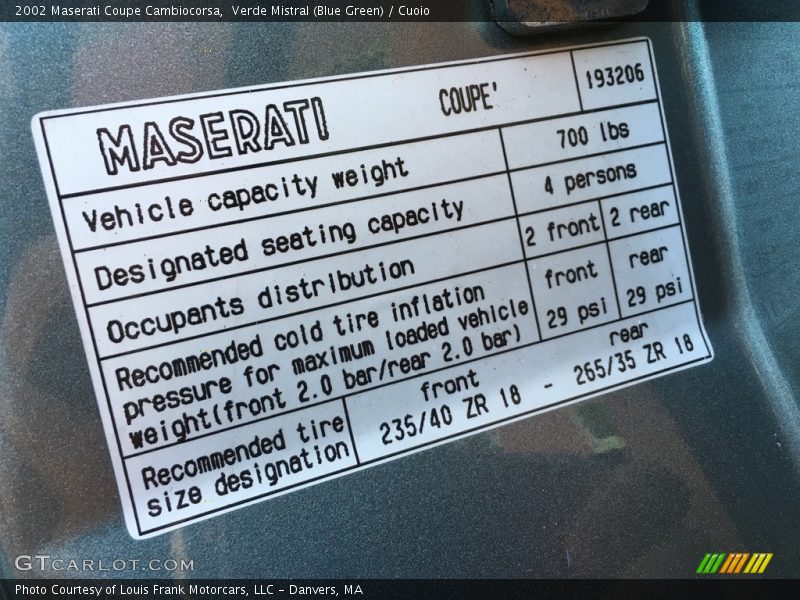 Verde Mistral (Blue Green) / Cuoio 2002 Maserati Coupe Cambiocorsa