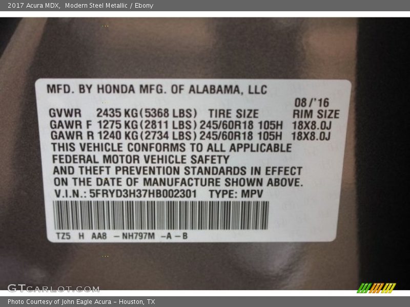 Modern Steel Metallic / Ebony 2017 Acura MDX