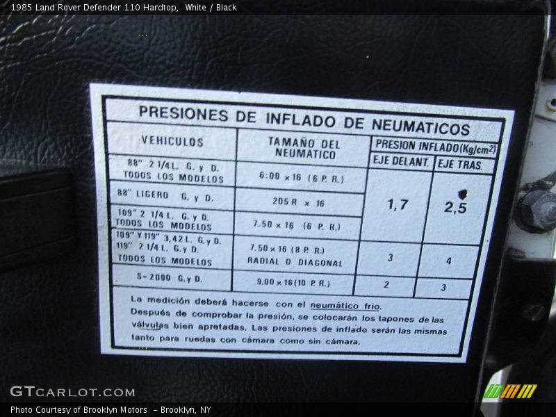 Info Tag of 1985 Defender 110 Hardtop