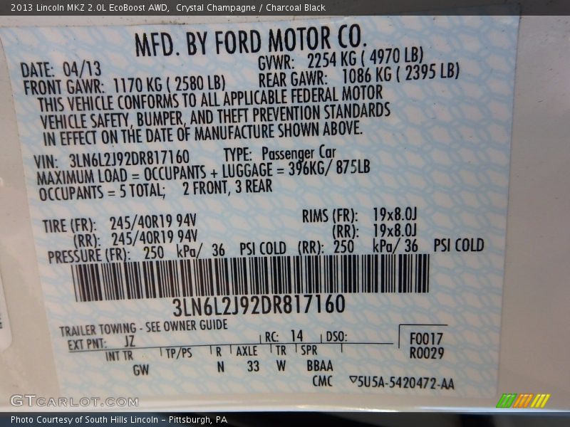 Crystal Champagne / Charcoal Black 2013 Lincoln MKZ 2.0L EcoBoost AWD