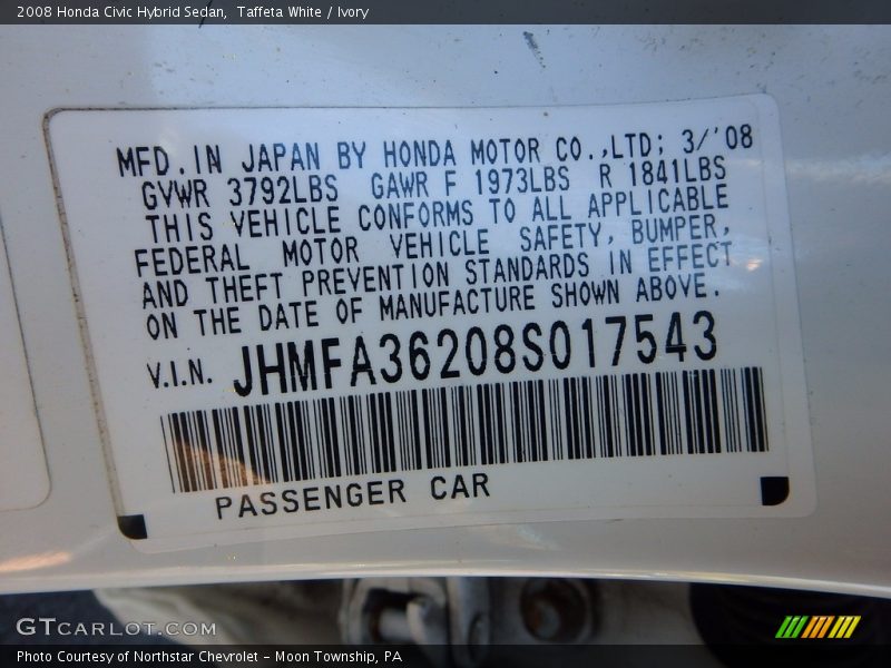 Taffeta White / Ivory 2008 Honda Civic Hybrid Sedan