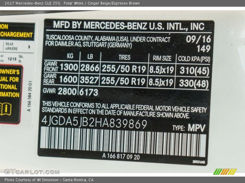 Polar White / Ginger Beige/Espresso Brown 2017 Mercedes-Benz GLE 350