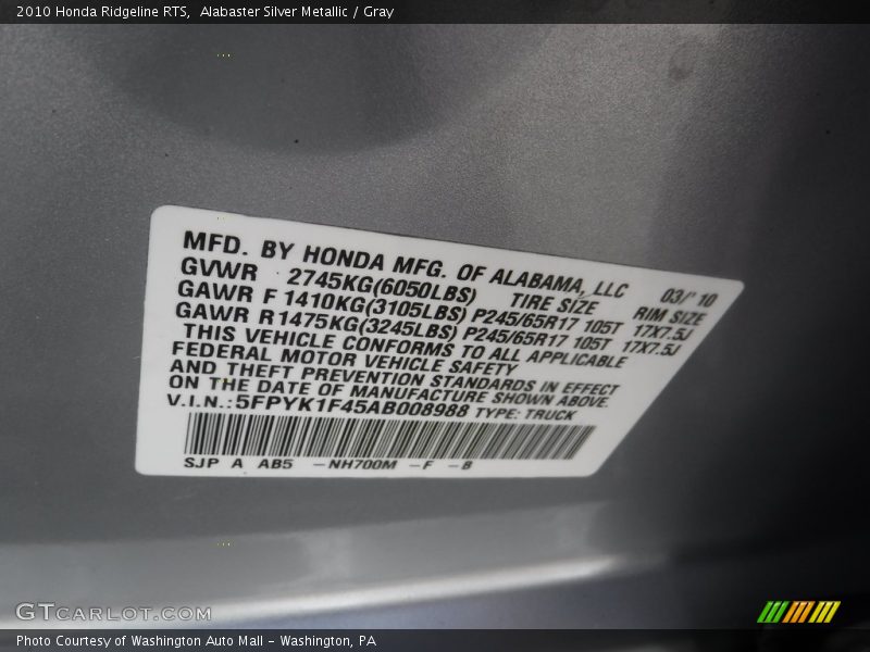 Alabaster Silver Metallic / Gray 2010 Honda Ridgeline RTS