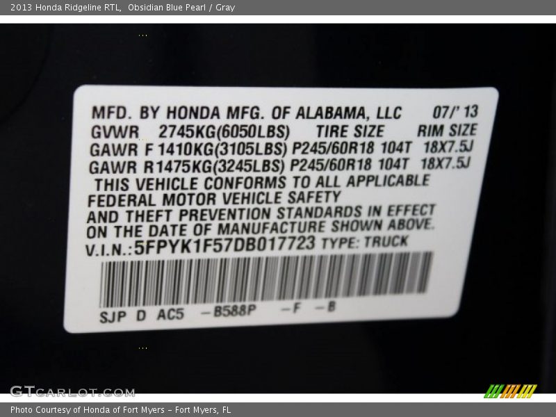Obsidian Blue Pearl / Gray 2013 Honda Ridgeline RTL
