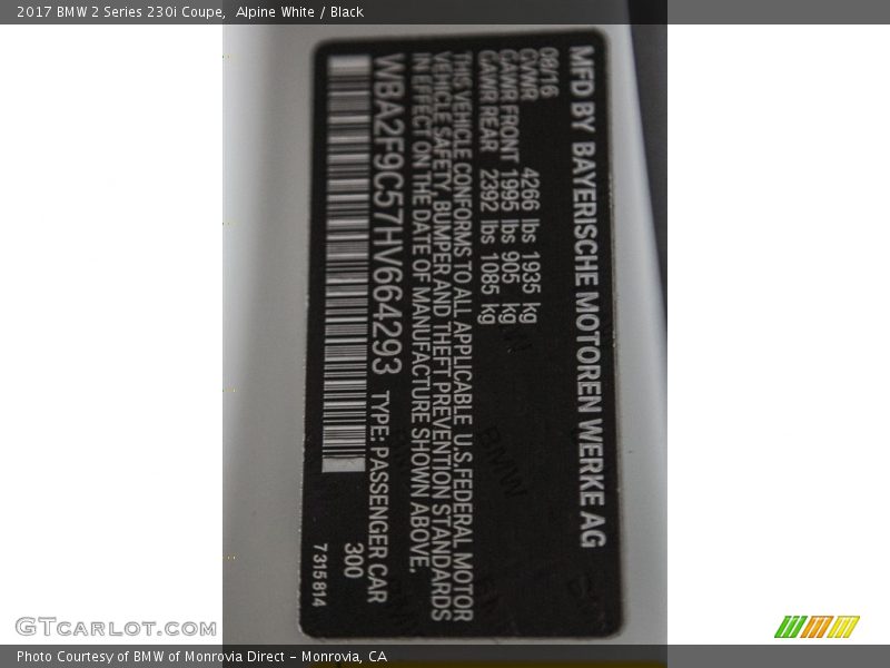 2017 2 Series 230i Coupe Alpine White Color Code 300