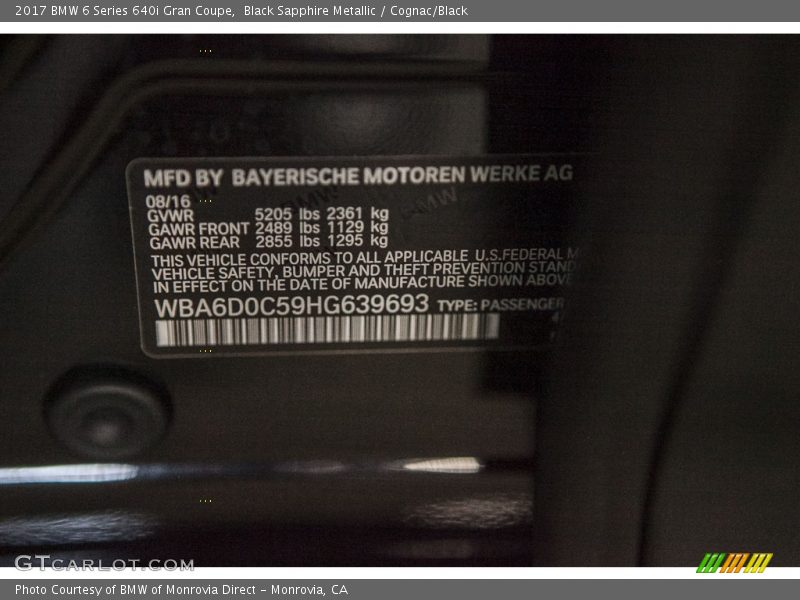 Black Sapphire Metallic / Cognac/Black 2017 BMW 6 Series 640i Gran Coupe