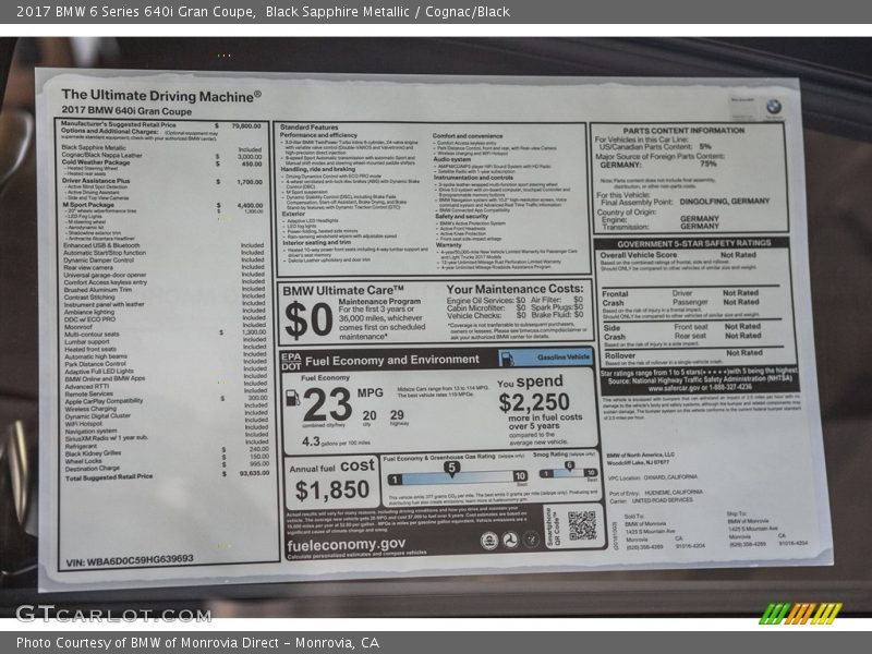  2017 6 Series 640i Gran Coupe Window Sticker