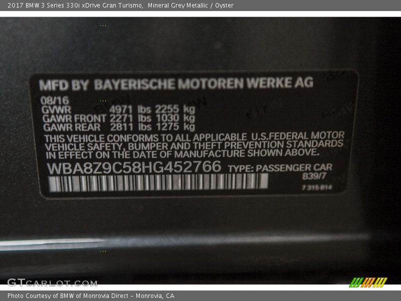 Mineral Grey Metallic / Oyster 2017 BMW 3 Series 330i xDrive Gran Turismo