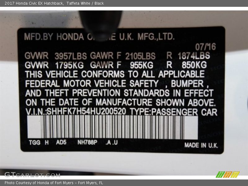 Taffeta White / Black 2017 Honda Civic EX Hatchback
