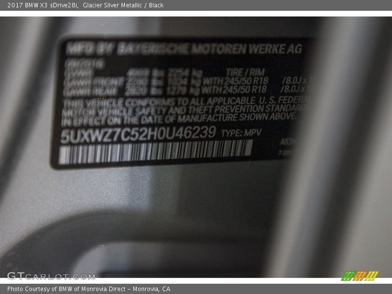 Glacier Silver Metallic / Black 2017 BMW X3 sDrive28i