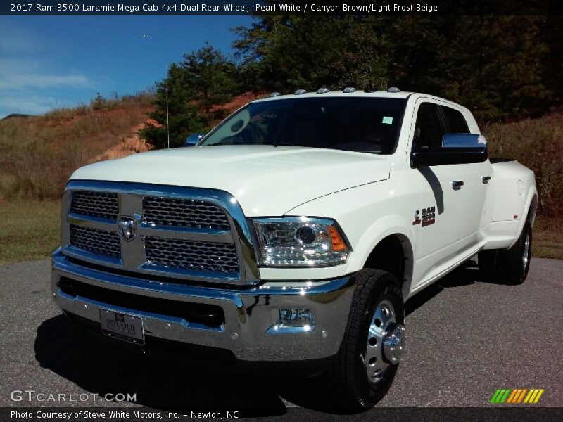 Pearl White / Canyon Brown/Light Frost Beige 2017 Ram 3500 Laramie Mega Cab 4x4 Dual Rear Wheel