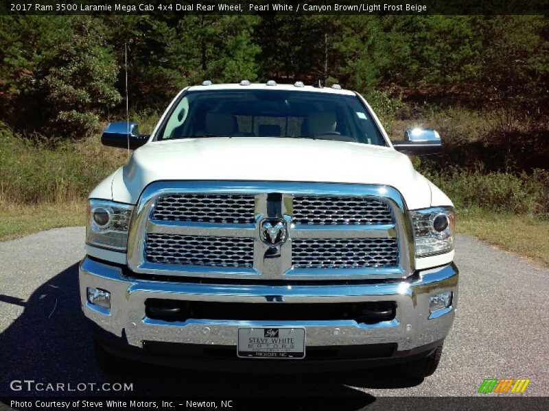 Pearl White / Canyon Brown/Light Frost Beige 2017 Ram 3500 Laramie Mega Cab 4x4 Dual Rear Wheel