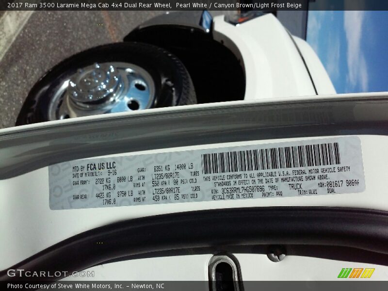 Pearl White / Canyon Brown/Light Frost Beige 2017 Ram 3500 Laramie Mega Cab 4x4 Dual Rear Wheel