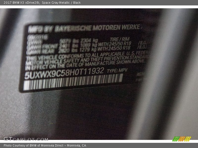 Space Gray Metallic / Black 2017 BMW X3 xDrive28i