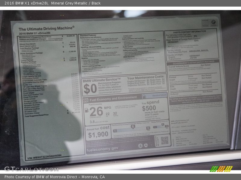 Mineral Grey Metallic / Black 2016 BMW X1 xDrive28i