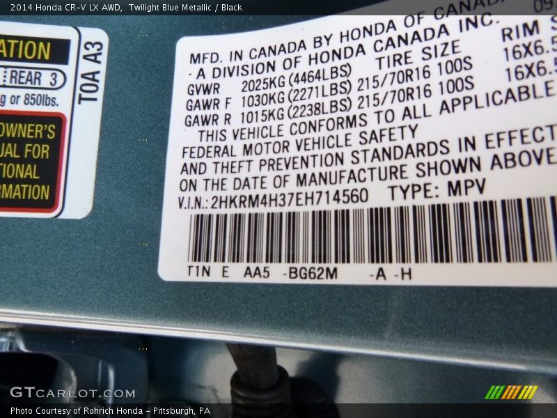 Twilight Blue Metallic / Black 2014 Honda CR-V LX AWD