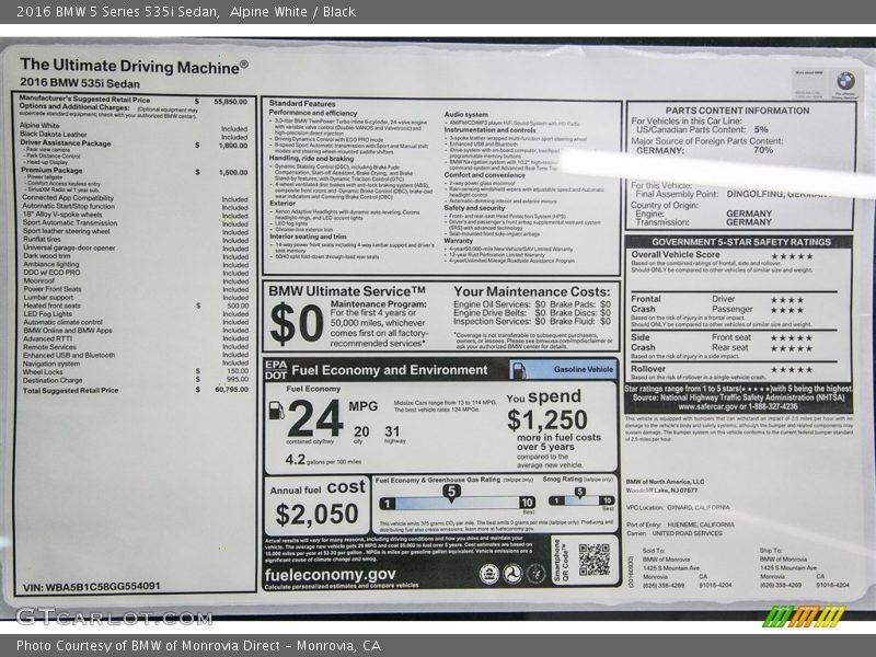 Alpine White / Black 2016 BMW 5 Series 535i Sedan