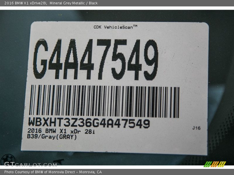 Mineral Grey Metallic / Black 2016 BMW X1 xDrive28i