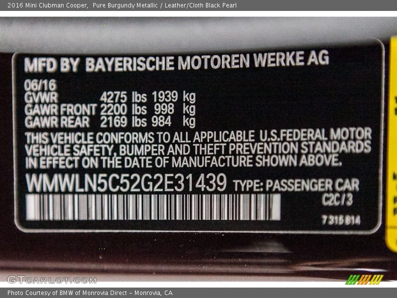 Pure Burgundy Metallic / Leather/Cloth Black Pearl 2016 Mini Clubman Cooper