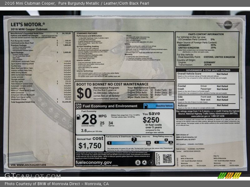 Pure Burgundy Metallic / Leather/Cloth Black Pearl 2016 Mini Clubman Cooper