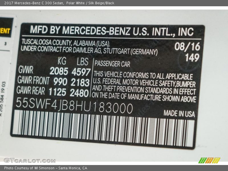 2017 C 300 Sedan Polar White Color Code 149