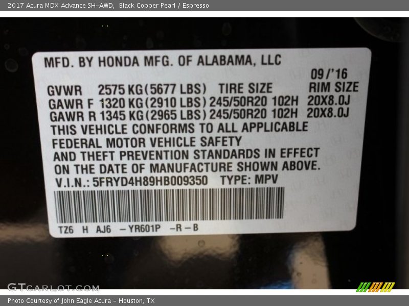 2017 MDX Advance SH-AWD Black Copper Pearl Color Code YR601P