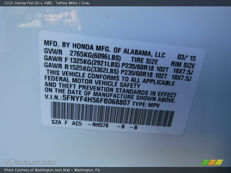 Taffeta White / Gray 2015 Honda Pilot EX-L 4WD