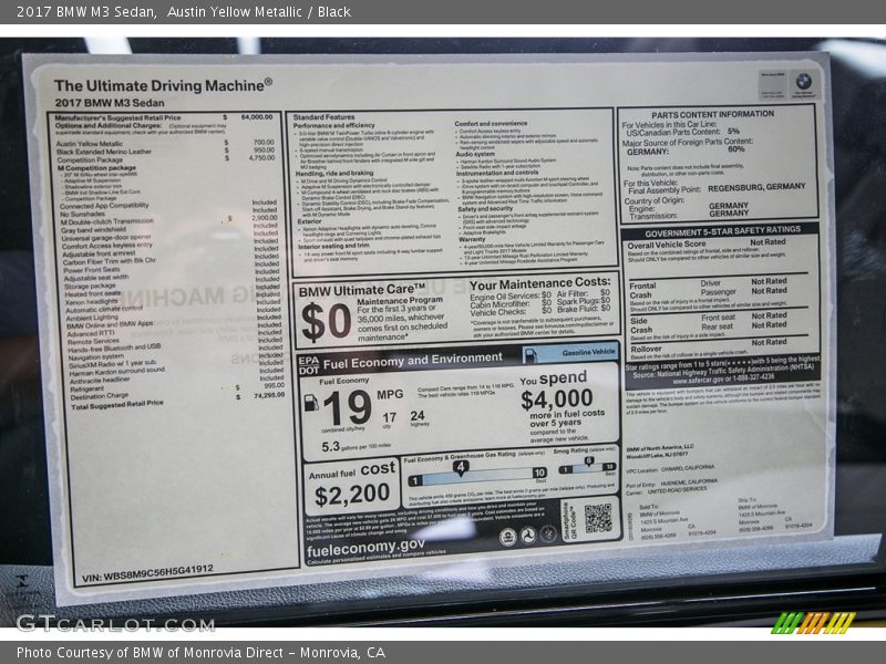  2017 M3 Sedan Window Sticker